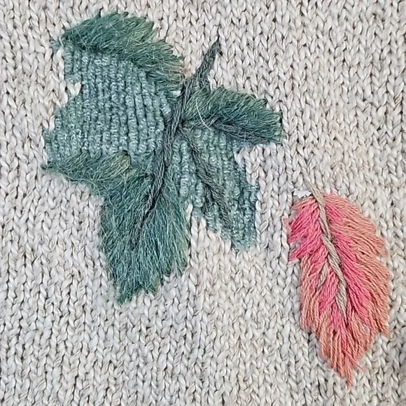 VTG Monterey by Koret Linen Cotton Knit Cream Cardigan w Embroidered Leaf Motif - Picture 5 of 16